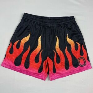 Overtime Mens Flame Mesh Basketball Shorts Small Black/Orange/Pink Drawstring B9